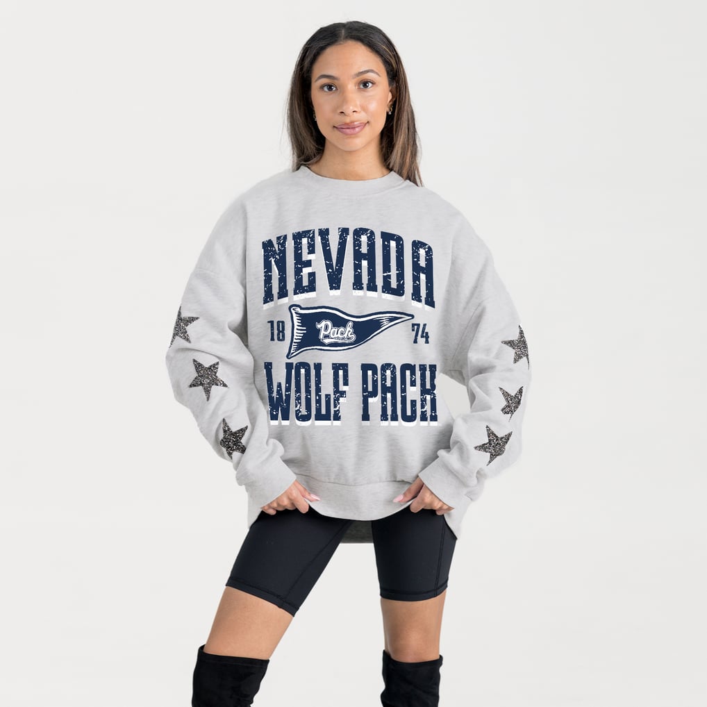 Nevada Wolf Pack Gameday Couture Women's Oversized Pennant Pride Rhinestone Star Sleeve Sweatshirt - Ash