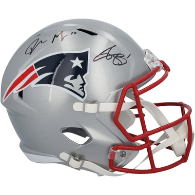 A.J. Brown & Drake Maye New England Patriots Autographed Fanatics Authentic Riddell Speed Replica Helmet