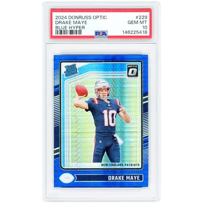 Drake Maye New England Patriots 2024 Panini Donruss Optic Rated Rookie Blue Hyper Prizm #229 PSA Authenticated 10 Rookie Card