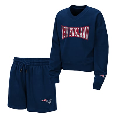 New England Patriots WEAR by Erin Andrews Girls Youth Red Zone Fleece V-Neck Sweatshirt and Shorts Set - Navy