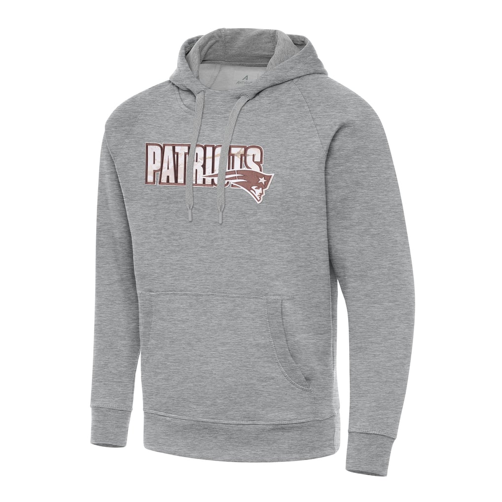 Antigua New England Patriots Heather Gray Woodland Camo Victory Hoodie