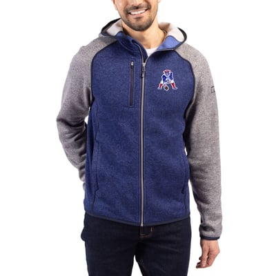  New England Patriots Cutter & Buck Throwback Mainsail Sweater-Knit Full-Zip Hoodie - Royal/Heather Gray