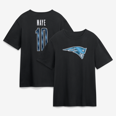 Drake Maye New England Patriots Metallic Mascot Name & Number T-Shirt - Black