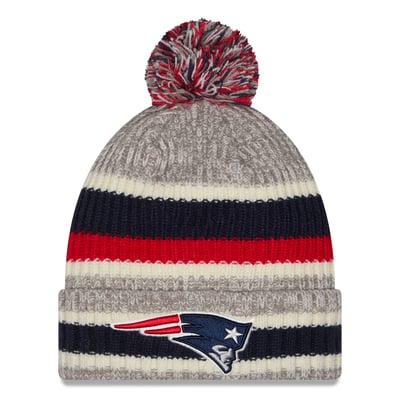 New England Patriots New Era Stripe Cuff Knit Hat with Pom - Navy/Gray