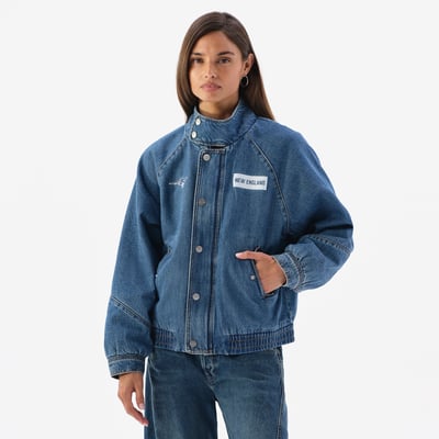 New England Patriots Off Season Women's Oversized Denim Jacket - Blue
