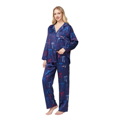  New England Patriots Concepts Sport Women's Poppy Satin Long Sleeve Top and Pants Sleep Set - Navy