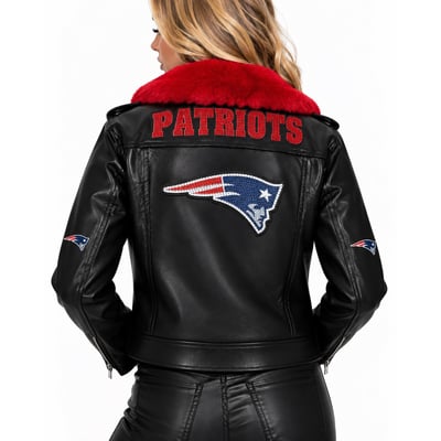 New England Patriots FABGATING by Cuce Women's Vegan Leather Faux Fur Moto Full-Snap Jacket - Black/Red