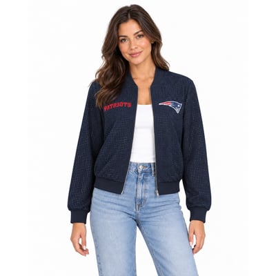 New England Patriots FABGATING by Cuce Women's Crystal Full-Zip Bomber Jacket - Navy