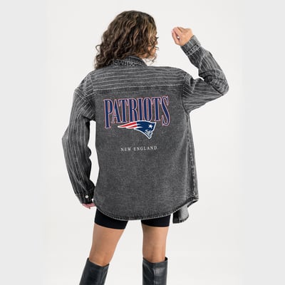  New England Patriots Gameday Couture Women's End Zone Energy Rhinestone Washed Full-Snap Denim Overshirt - Black