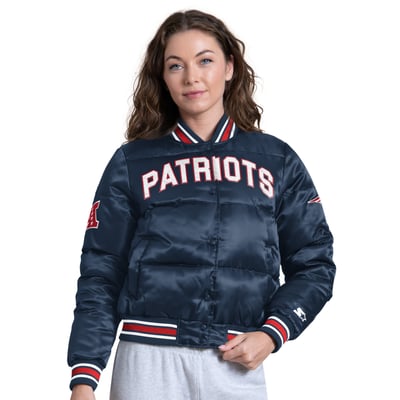 New England Patriots Starter Women's Pump Fake Puffer Full Snap Cropped Jacket - Navy