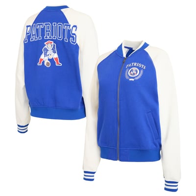 New England Patriots WEAR by Erin Andrews Women's Throwback Varsity Fleece Raglan Full-Zip Jacket - Royal