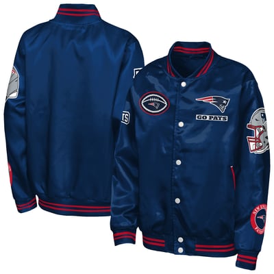  New England Patriots Outerstuff Youth Grid Runner Satin Patch Varsity Jacket - Navy
