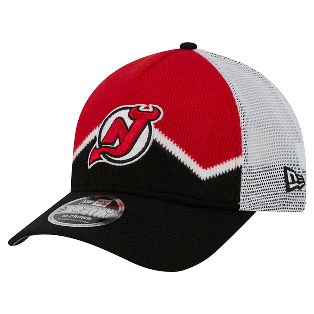  New Jersey Devils New Era Hockey Sock 9FORTY A-Frame M-Crown Adjustable Trucker Hat - Black/Red