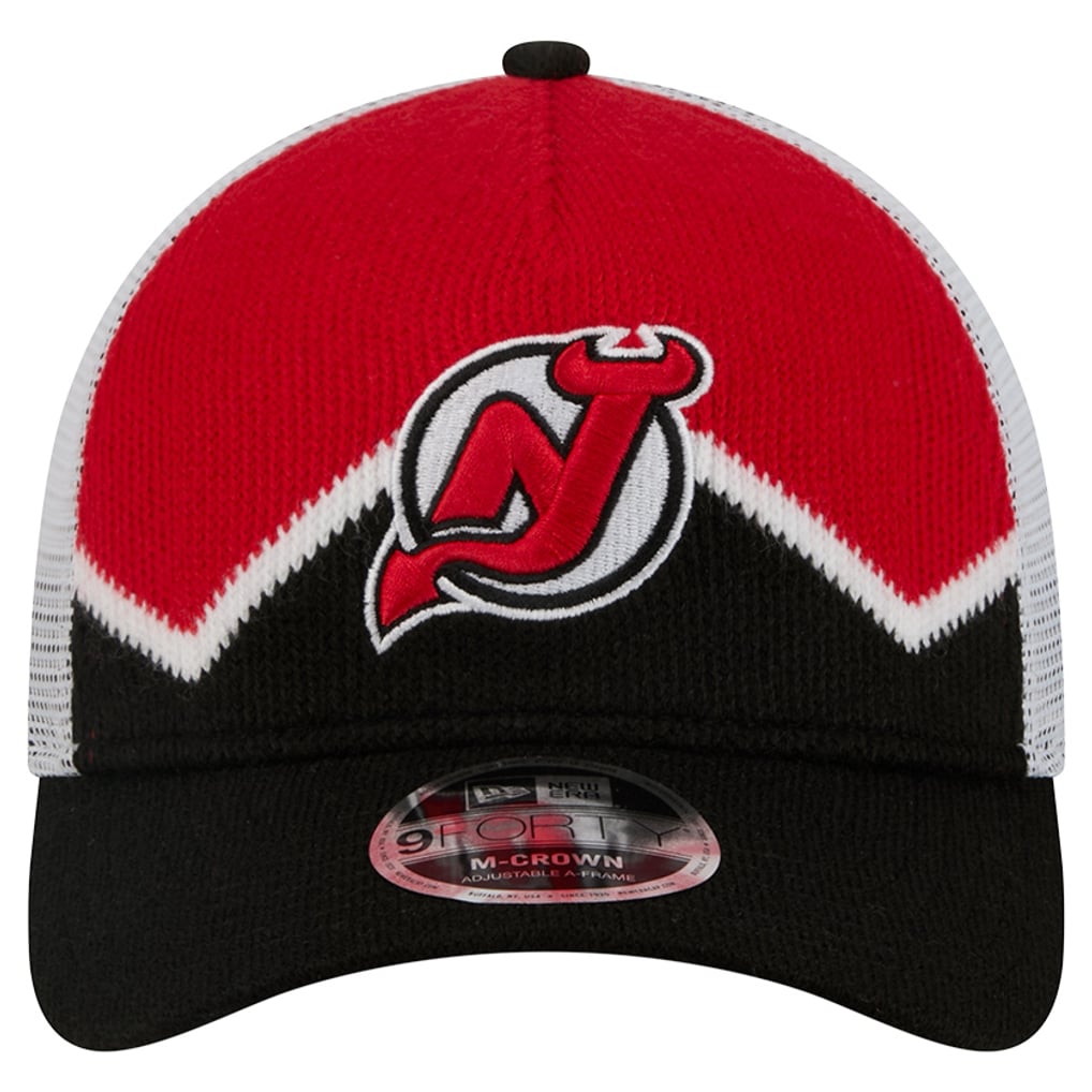  New Jersey Devils New Era Hockey Sock 9FORTY A-Frame M-Crown Adjustable Trucker Hat - Black/Red