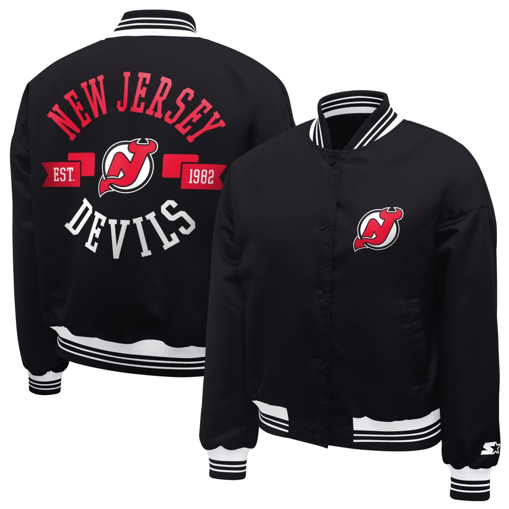  New Jersey Devils Starter Women's Printed Round Team Logo Satin Varsity Full-Snap Jacket - Black