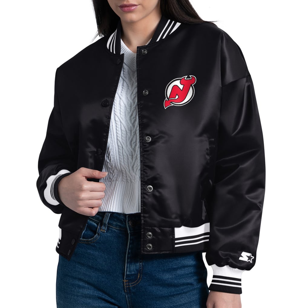  New Jersey Devils Starter Women's Printed Round Team Logo Satin Varsity Full-Snap Jacket - Black