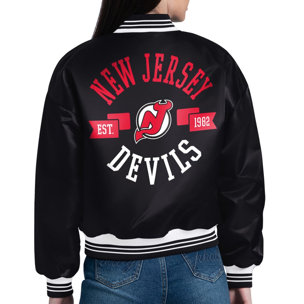  New Jersey Devils Starter Women's Printed Round Team Logo Satin Varsity Full-Snap Jacket - Black