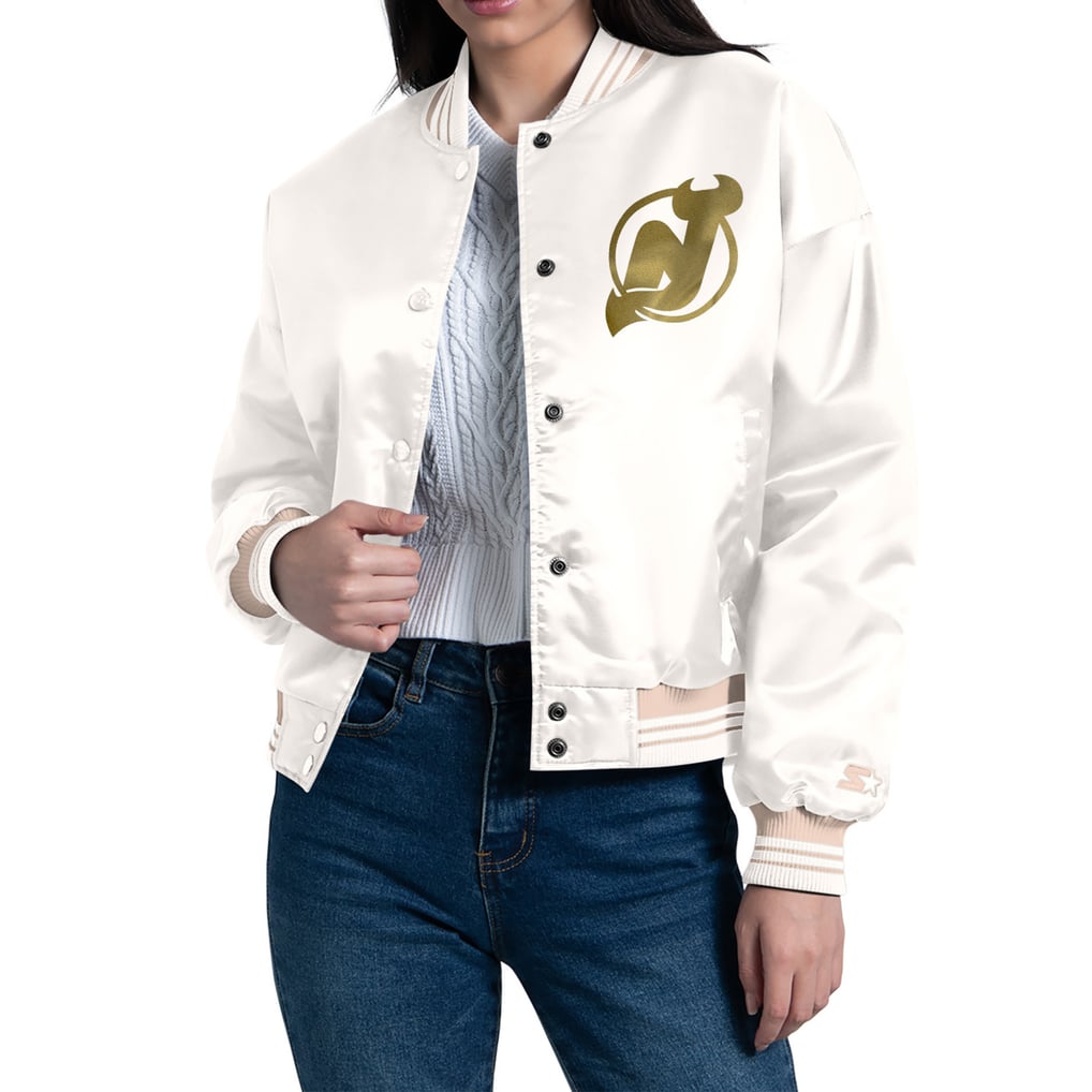 New Jersey Devils Starter Women's Fashion Script Satin Full-Snap Varsity Jacket - Cream