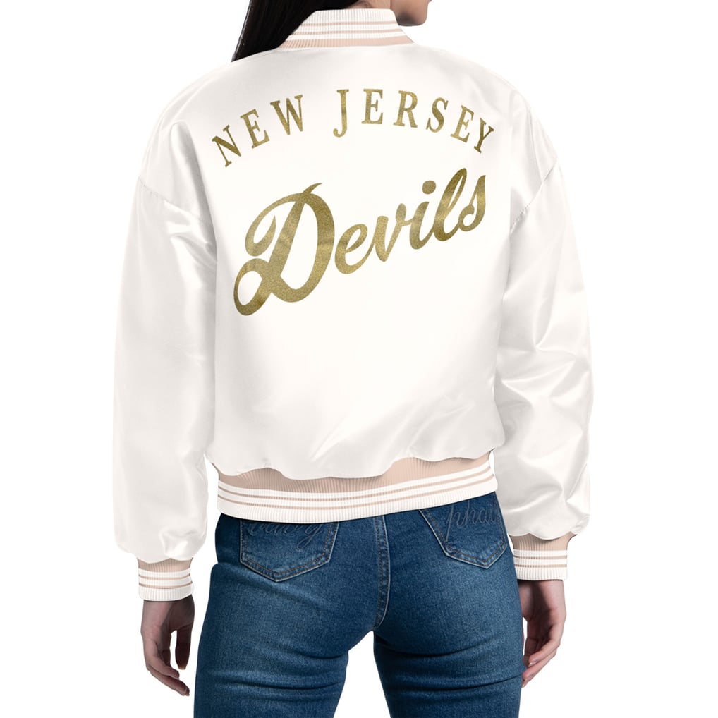 New Jersey Devils Starter Women's Fashion Script Satin Full-Snap Varsity Jacket - Cream
