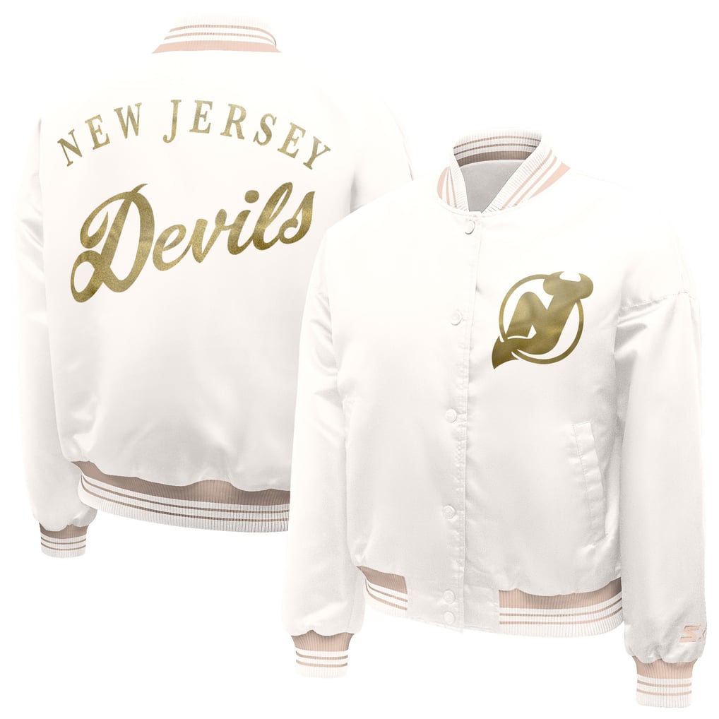 New Jersey Devils Starter Women's Fashion Script Satin Full-Snap Varsity Jacket - Cream