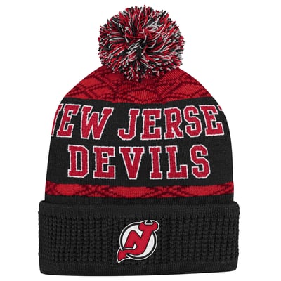 New Jersey Devils Youth Puck Cuffed Knit Hat with Pom - Black