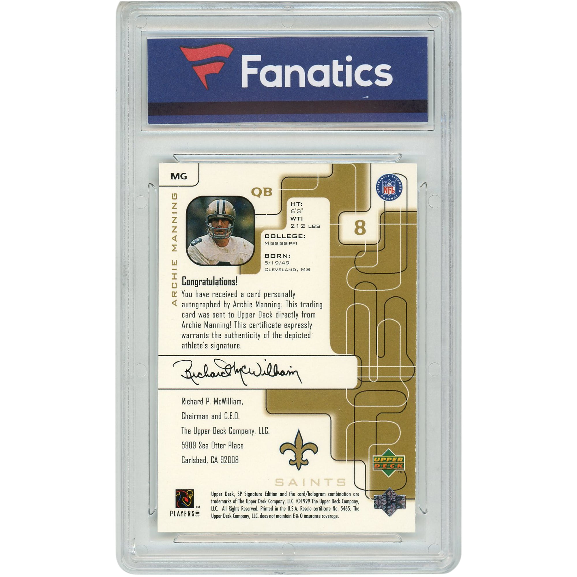 Archie Manning New Orleans Saints Autographed 1999 Upper Deck SP