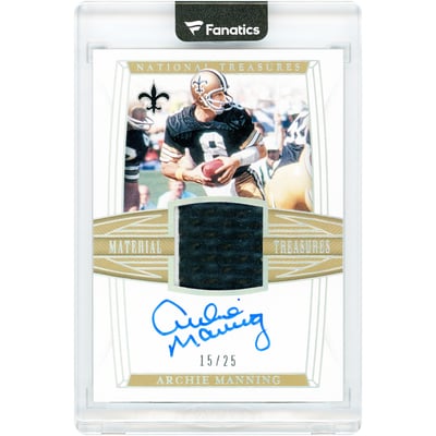 Archie Manning New Orleans Saints Autographed 2019 Panini National Treasures Material Treasures Game Used Jersey Relic #MTS-AM #15/25 Card