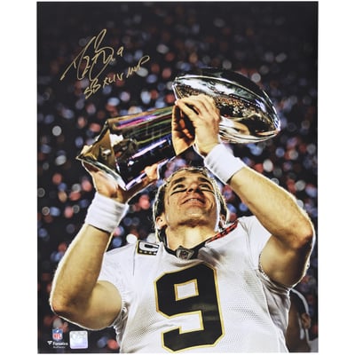 Drew Brees New Orleans Saints Autographed Fanatics Authentic 16" x 20" Holding Lombardi Trophy Spotlight Photograph with "SB XLIV MVP" Inscription
