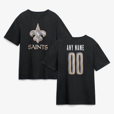 New Orleans Saints Big & Tall Metallic Mascot Personalized Name & Number T-Shirt - Black