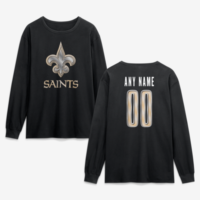 New Orleans Saints  Metallic Mascot Personalized Name & Number Long Sleeve T-Shirt - Black