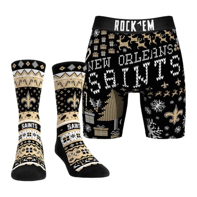 New Orleans Saints Rock Em Socks Holiday Tacky Sweater Underwear and Crew Socks Combo Pack