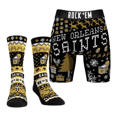 New Orleans Saints Rock Em Socks Retro Throwback Holiday Tacky Sweater Underwear and Crew Socks Combo Pack