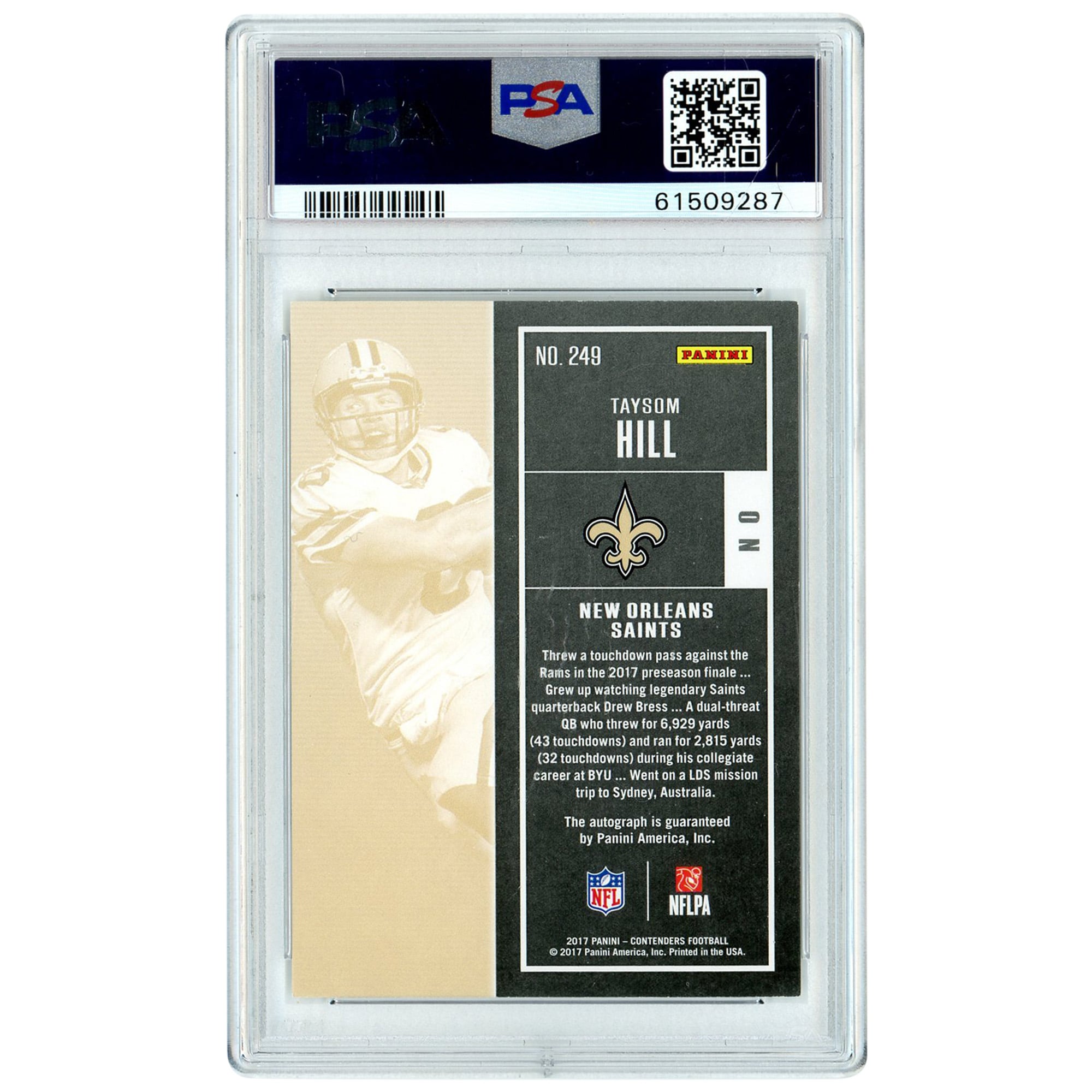 Taysom Hill New Orleans Saints Autographed 2017 Panini Contenders