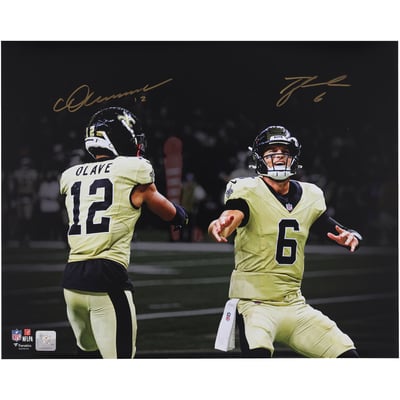 Tyler Shough & Chris Olave New Orleans Saints Autographed Fanatics Authentic 16" x 20" Touchdown Celebration Spotlight Photograph