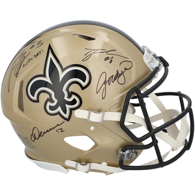 Tyler Shough, Chris Olave, Jordyn Tyson & Travis Etienne Jr. New Orleans Saints Autographed Fanatics Authentic Riddell Speed Authentic Helmet with "Who Dat!" Inscription