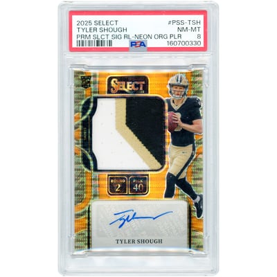 Tyler Shough New Orleans Saints Autographed 2025 Panini Select Tri-Color Relic Neon Orange Pulsar Prizm #PSS-TSH #43/45 PSA Authenticated 8 Rookie Card