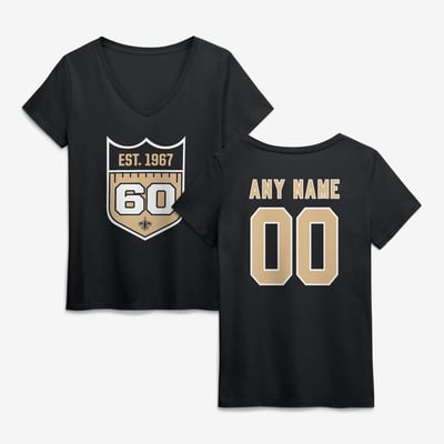 New Orleans Saints Women's 60th Season Personalized Name & Number V-Neck T-Shirt - Black