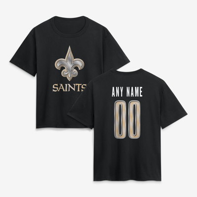 New Orleans Saints Women's Metallic Mascot Personalized Name & Number T-Shirt - Black