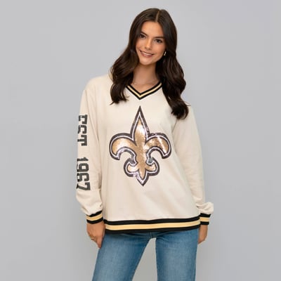 New Orleans Saints Bomb Designs Women's Varsity Striped Sweatshirt - Cream
