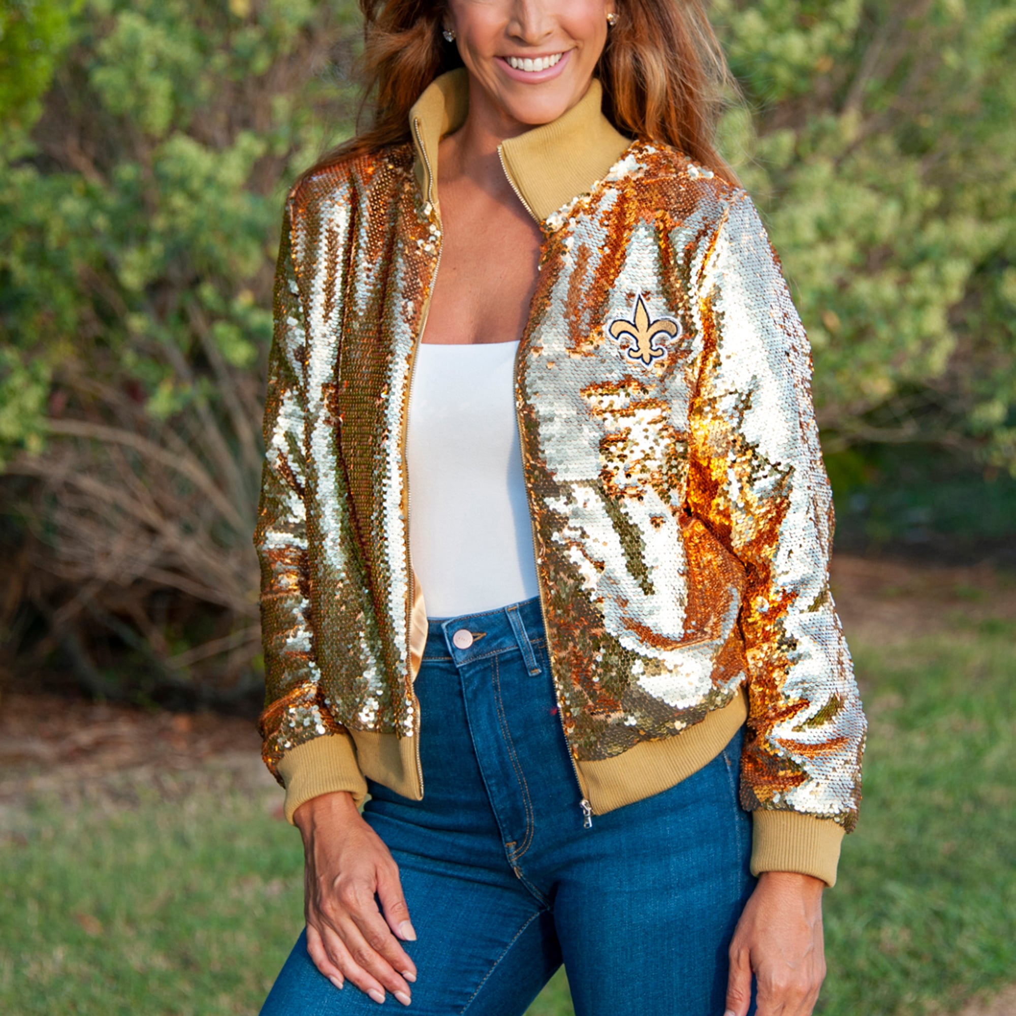 Women's Cuce Gold New Orleans Saints Team Color Sequins Full-Zip