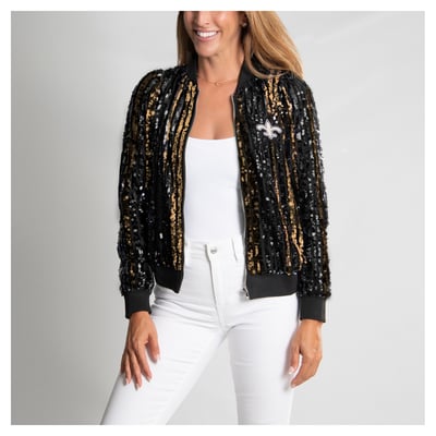  New Orleans Saints FABGATING by Cuce Women's Slim Fit Sequin Striped Full-Zip Bomber Jacket - Black