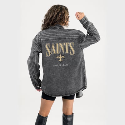  New Orleans Saints Gameday Couture Women's End Zone Energy Rhinestone Washed Full-Snap Denim Overshirt - Black
