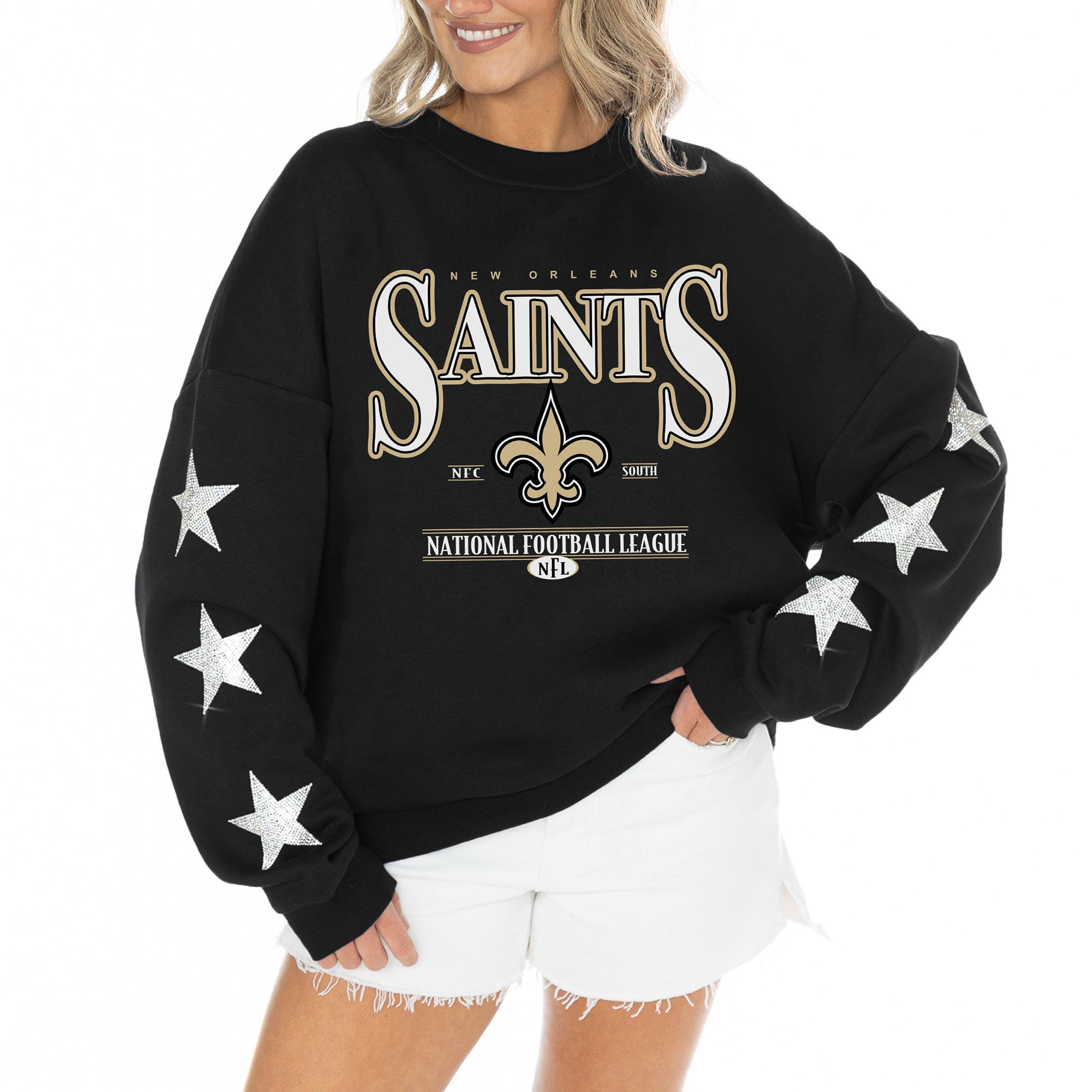 Gameday Couture New Orleans Saints Women's Black Rhinestone Star Sleeve ...