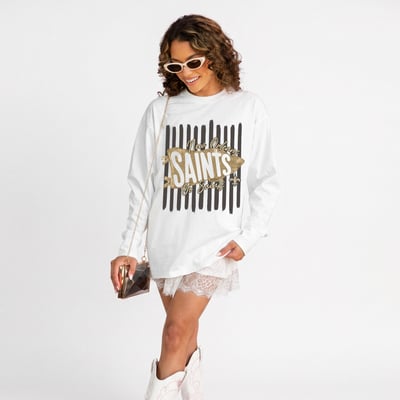 New Orleans Saints Gameday Couture Women's Rally Stripe Oversized Long Sleeve T-Shirt - White