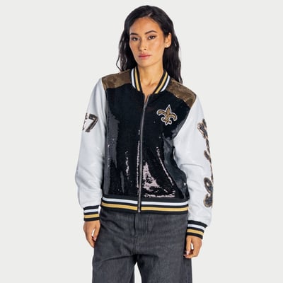  New Orleans Saints The Wild Collective Women's Full-Zip Sequin Bomber Jacket - Black
