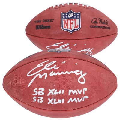Eli Manning New York Giants Autographed Fanatics Authentic Wilson Duke Full Color Football with "SB XLII MVP" and "SB XLVI MVP" Inscriptions