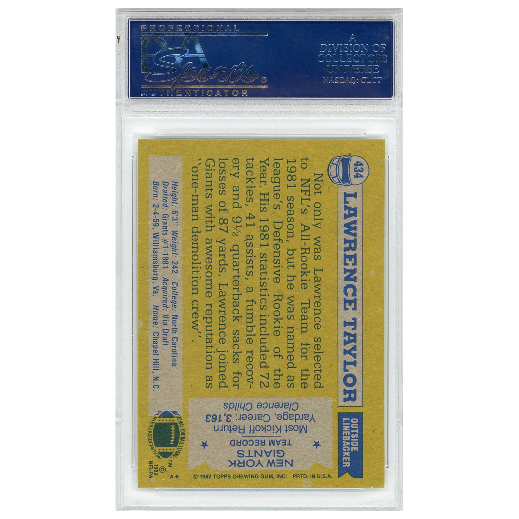 Lawrence Taylor New York Giants 1982 Topps Rookie #434 Card - PSA 8