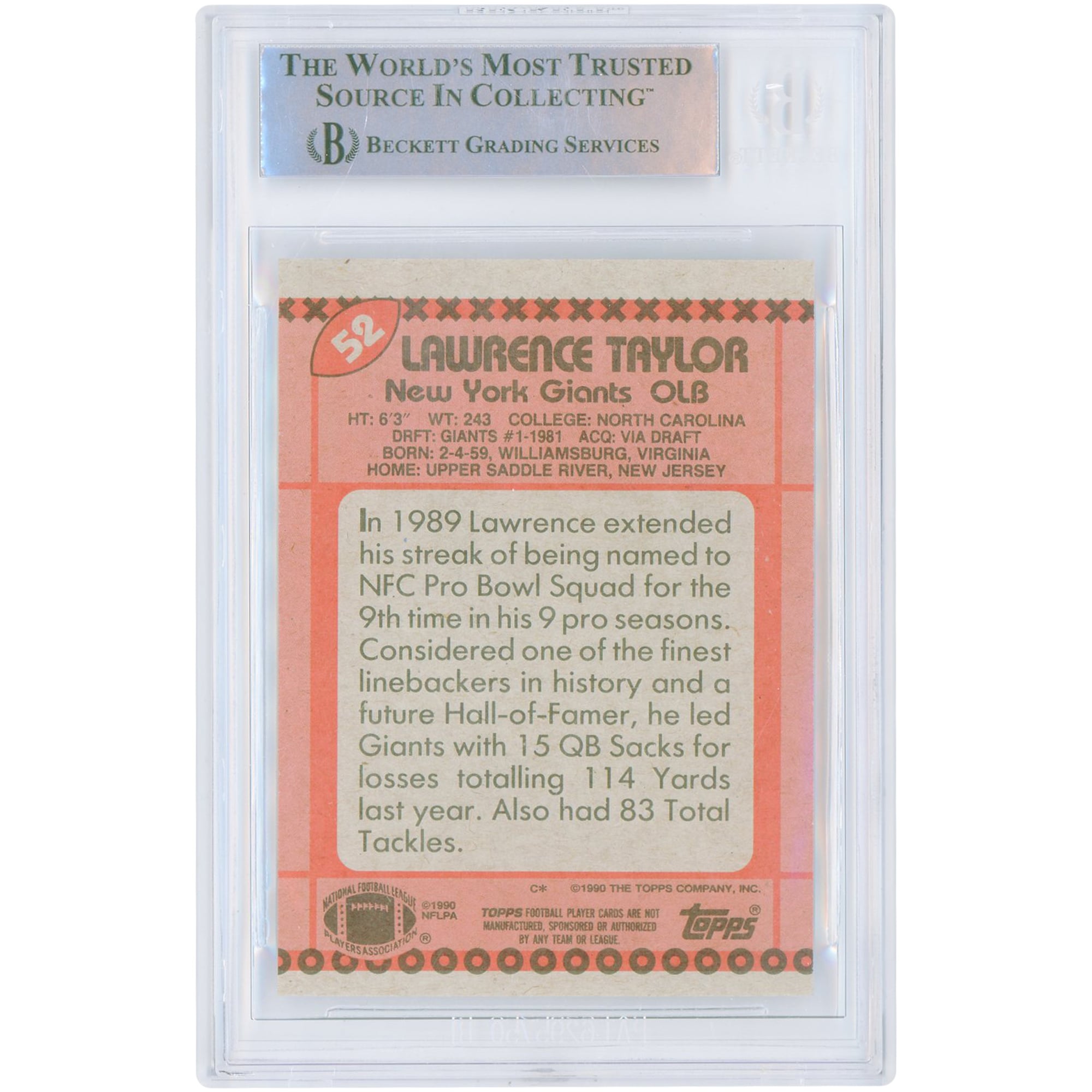 Lawrence Taylor New York Giants Autographed 1990 Topps #52 Beckett