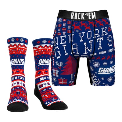 New York Giants Rock Em Socks Retro Throwback Holiday Tacky Sweater Underwear and Crew Socks Combo Pack