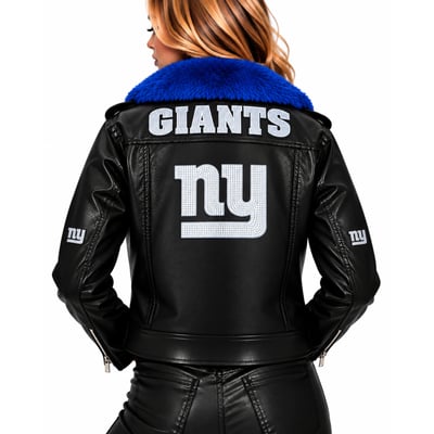New York Giants FABGATING by Cuce Women's Vegan Leather Faux Fur Moto Full-Snap Jacket - Black/Royal